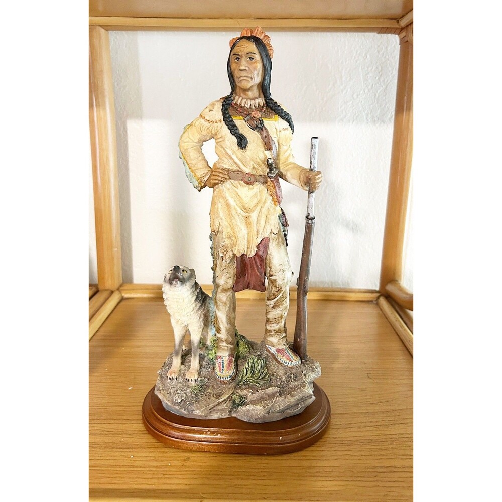 Vintage Native American Indian Indigenous Chief with Wolf Statue